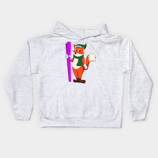 Fox as Skier with Skis and Bobble hat Kids Hoodie by Markus Schnabel